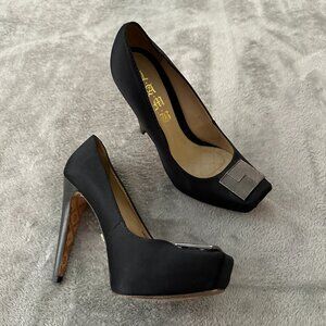 L.A.M.B Gwen Stefani Black Satin Stiletto Heels Shoes 7.5 Square Toe LAMB